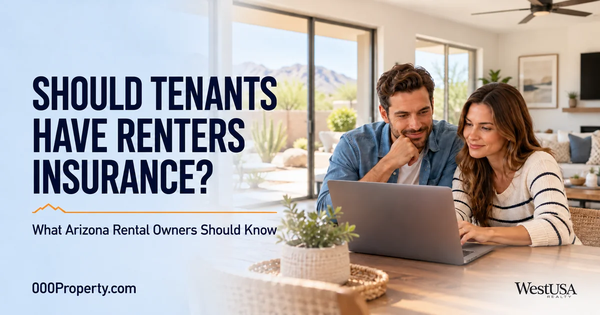Couple reviewing renters insurance on a laptop in an Arizona home, with an owner-guide headline